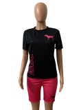 Summer Casual Black Print Round Neck Short Sleeve Top And Pink Shorts Two Piece Set