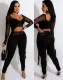 Fall Sexy Black Cut Out See Through Long Sleeve Bandage Top And Pant Two Piece Set
