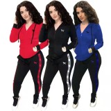 Winter Sport Red Zipper Hoody Long Sleeve Top And Stripe Pant Tracksuit