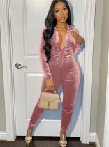 Winter Sexy Pink Velvet Button Open Long Sleeve Jumpsuit