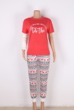 Chiristmas Red Print Round Neck Short Sleeve Top And Print Pant Pajama Two Piece Set