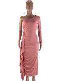 Fall Sexy Pink One Shoulder Ruffles With Waist Rope Midi Dress