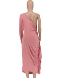 Fall Sexy Pink One Shoulder Ruffles With Waist Rope Midi Dress