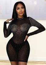 Fall Sexy Black Rhinestone High Neck Long Sleeve Bodycon Dress