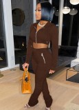 Autumn Brown Cropped Hoody Jacket and Pants Two Piece Tracksuit