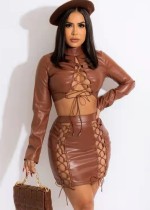 Winter Brown Lace-Up Sexy Leather Crop Top and Mini Skirt Two Piece Set