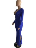 Winter Blue V-Neck Sexy Slit Botton Formal Long Sleeve Jumpsuit