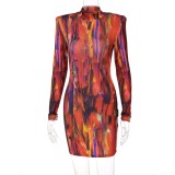 Autumn Multi-color Print Turtleneck Long Sleeves Mini Bodycon Dress