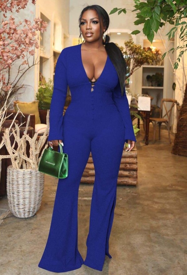 Winter Blue V-Neck Sexy Slit Botton Formal Long Sleeve Jumpsuit