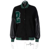 Winter Black Leather Patch Long Sleeves Button Fly Baseball Jacket