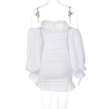 Autumn White Elegant Sweetheart Puff Sleeves Ruched Mini Party Dress
