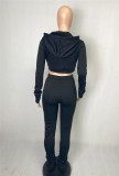 Autumn Black Cropped Hoody Jacket and Pants Two Piece Tracksuit