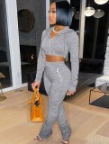 Autumn Grey Cropped Hoody Jacket and Pants Two Piece Tracksuit