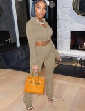 Autumn Khaki Cropped Hoody Jacket and Pants Two Piece Tracksuit