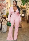 Winter Pink V-Neck Sexy Slit Botton Formal Long Sleeve Jumpsuit