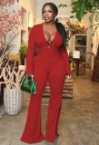 Winter Red V-Neck Sexy Slit Botton Formal Long Sleeve Jumpsuit