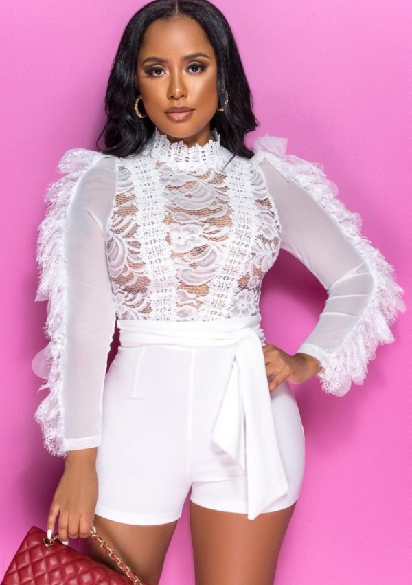 Autumn White Lace Patch Long Sleeves Party Rompers