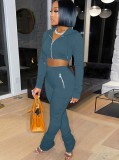 Autumn Blue Cropped Hoody Jacket and Pants Two Piece Tracksuit