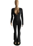 Winter Black V-Neck Sexy Slit Botton Formal Long Sleeve Jumpsuit