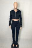 Autumn Black Cropped Hoody Jacket and Pants Two Piece Tracksuit