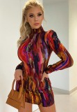 Autumn Multi-color Print Turtleneck Long Sleeves Mini Bodycon Dress