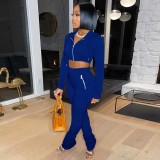 Autumn Royal Blue Cropped Hoody Jacket and Pants Two Piece Tracksuit