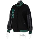 Winter Black Leather Patch Long Sleeves Button Fly Baseball Jacket