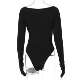 Winter Black V Neck Long Sleeves High Cut Bodysuit