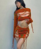 Winter Green and Orange Three Piece Lace-Up Sexy Knitting Skirt Set