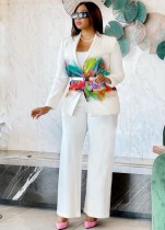Winter White Print Professional Long Sleeve Blazer and Pants Two Piece Set