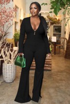 Winter Black V-Neck Sexy Slit Botton Formal Long Sleeve Jumpsuit