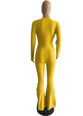 Winter Yellow V-Neck Sexy Slit Botton Formal Long Sleeve Jumpsuit