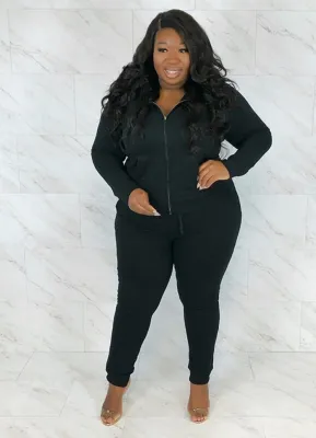 Winter Black Zipped Hood Two Piece Pants Plus Size Tracksuit