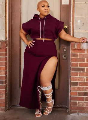 Autumn Burgunry Hood Crop Top and Slit Long Skirt Two Piece Set
