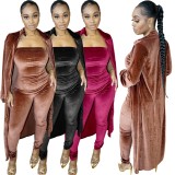 Winter Wholesale Rosy Pink Velvet Strapless Jumpsuit and Long Coat Two Piece Clothing