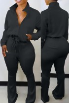 Winter Wholesale Women's Black Zipper Drawstring Blouse and Match Pants Casual Two Piece Sets