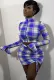 Winter Cheap Wholesale Purple Plaid Zipper Cropped Top and Ruched Mini Skirt Two Piece Sets