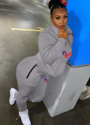 Winter Tracksuit Vendors Gray Zipper High Neck Pocket Pullover and Pants Two Piece Sweatsuits Set