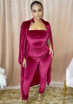Winter Wholesale Rosy Pink Velvet Strapless Jumpsuit and Long Coat Two Piece Clothing