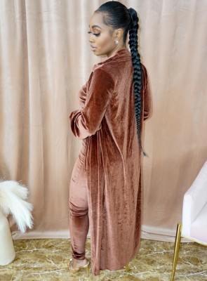 Winter Wholesale Coffee Velvet Strapless Jumpsuit and Long Coat Two Piece Clothing