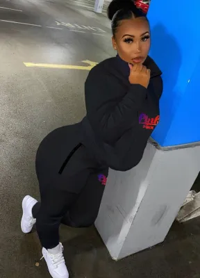 Winter Tracksuit Vendors Black Zipper High Neck Pocket Pullover and Pants Two Piece Sweatsuits Set