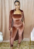 Winter Wholesale Coffee Velvet Strapless Jumpsuit and Long Coat Two Piece Clothing