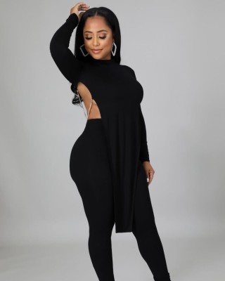 Winter Wholesale Sexy Black Irreglar Backless With Chain Long Sleeve Top And Pant Two Piece Sets