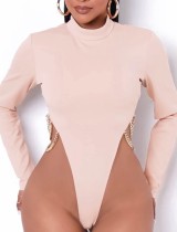 Winter Sexy Beige High Neck Long Sleeve With Chain Bodysuit