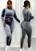 Winter Wholesale Grey Velvet Round Neck Long Sleeve Crop Top And Pant Two Piece Sets