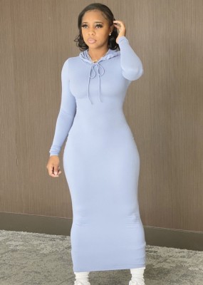 Winter Casual Blue Long Sleeve With Hood Long Dress