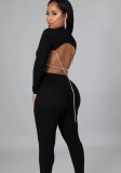 Winter Wholesale Sexy Black Irreglar Backless With Chain Long Sleeve Top And Pant Two Piece Sets