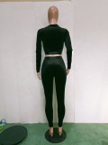 Winter Wholesale Black Velvet Round Neck Long Sleeve Crop Top And Pant Two Piece Sets