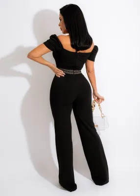 Summer Sexy Black Print Collar Off Shoulder Short Sleeve Jumpsuit