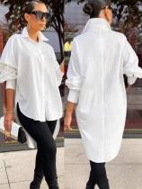 Fall Casual White Turndown Collar Long Sleeve Irregular Shirt Dress